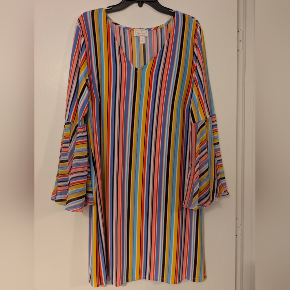 Ivy Road Rainbow Stripe V-Neck Bell Sleeve Tunic Dress XL